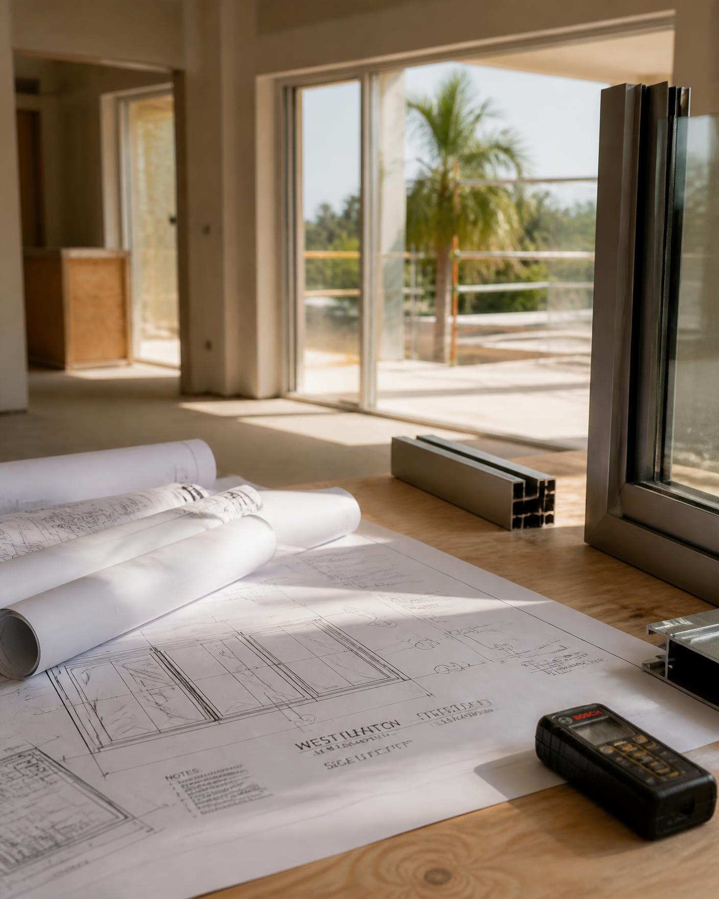 Shop drawings and aluminum window frame samples on a jobsite table