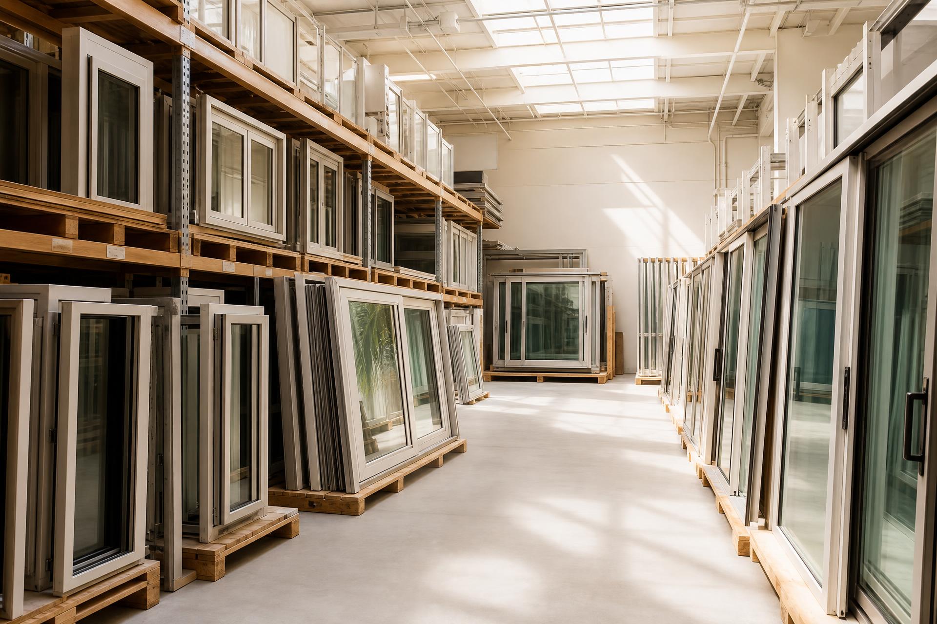 Impact windows and doors neatly organized in clean storage containers at a South Florida logistics facility